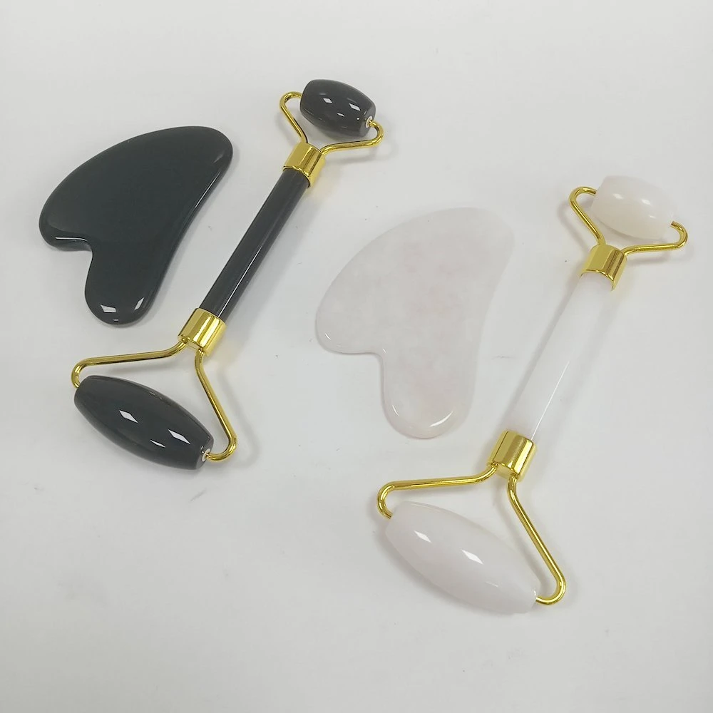 Kit Outils de Soin Visage en Jade Blanc 100% Naturel, Roller et Gua Sha  pour Massage Facial